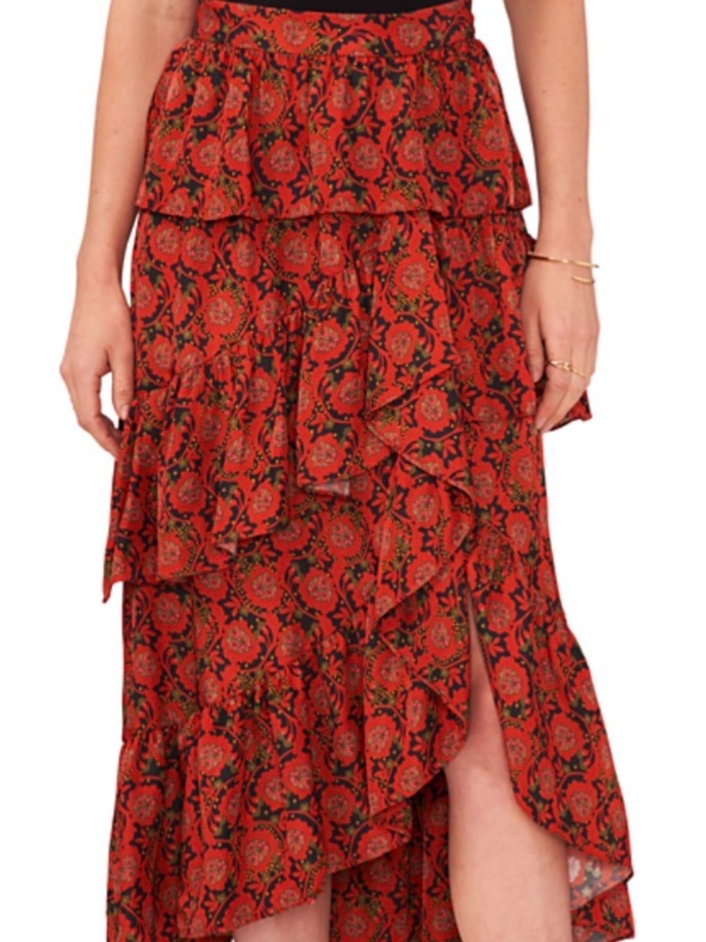 1. State Red Floral High-Low Tiered Ruffle Skirt